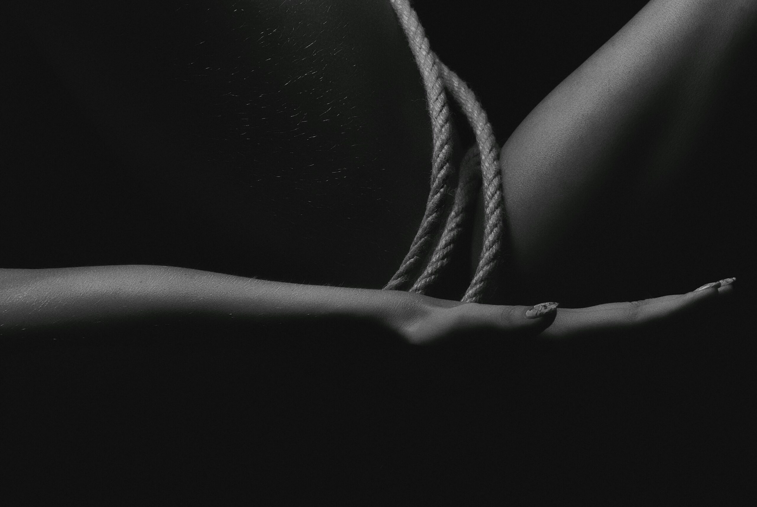 Dark artistic monochrome image featuring close-up of bound hands with rope, emphasizing texture and form.